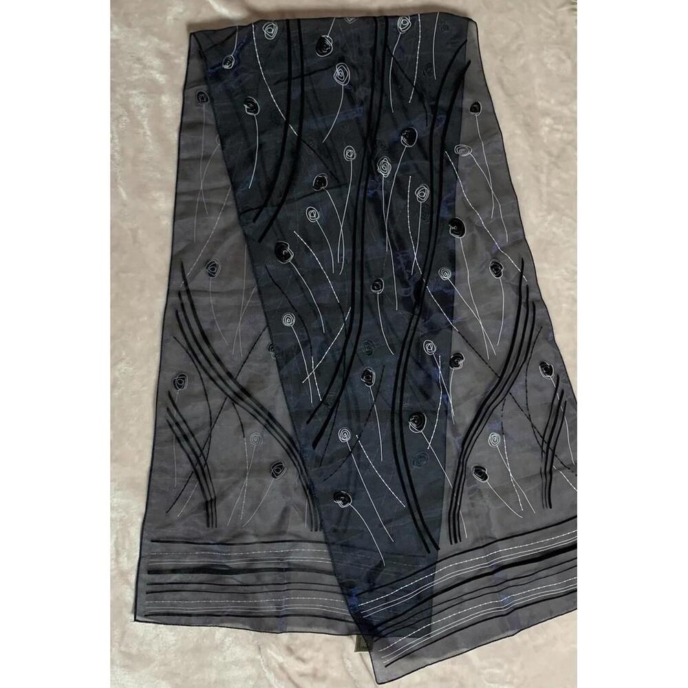 Stunning Black With Subtle Blue Floral Sheer Scarf Italy
